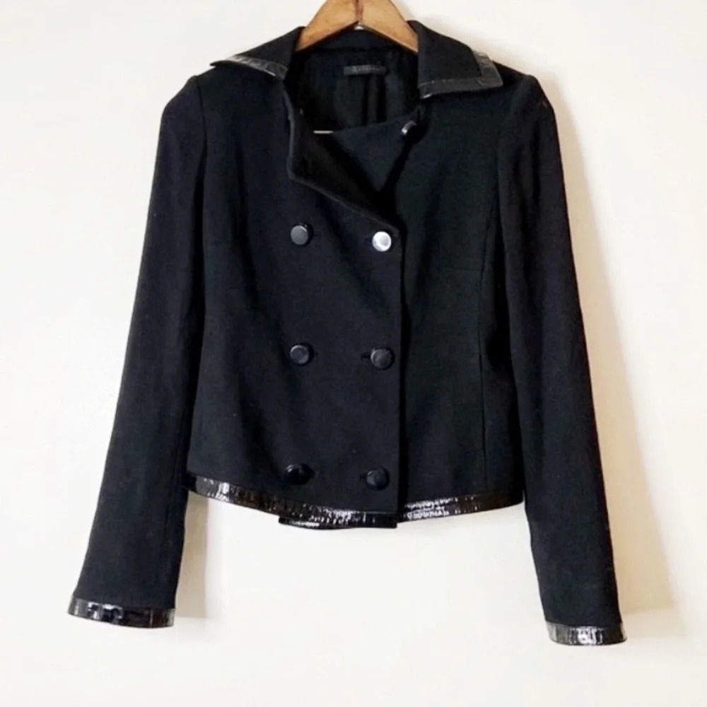 ELIE TAHARI Virgin Wool Leather Blazer Double Breasted Fall Jacket Size Small